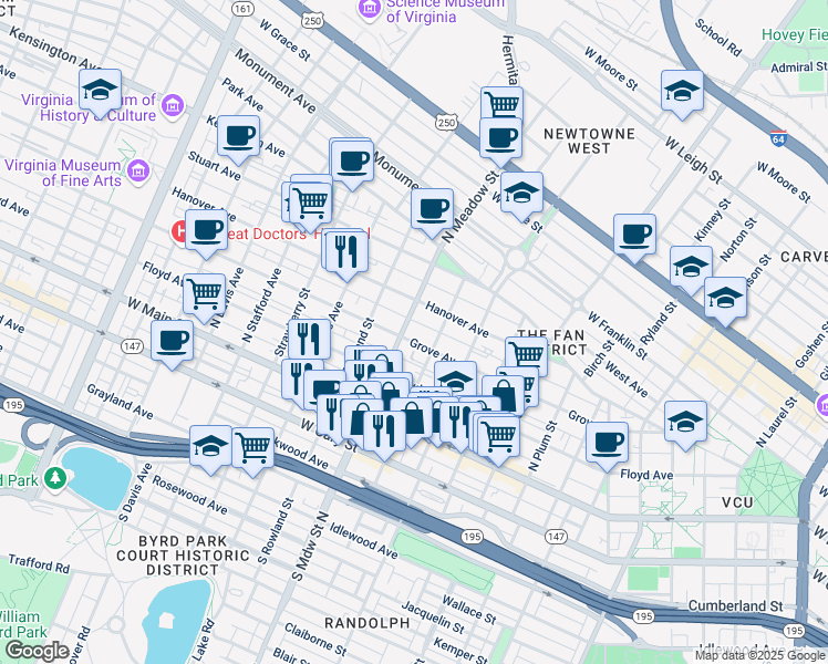 map of restaurants, bars, coffee shops, grocery stores, and more near 1925 Grove Avenue in Richmond