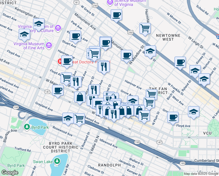 map of restaurants, bars, coffee shops, grocery stores, and more near 2022 Floyd Avenue in Richmond