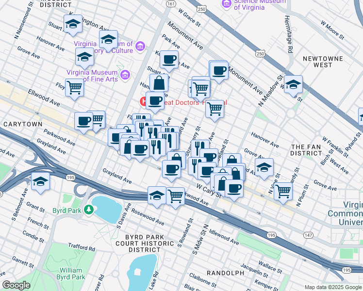 map of restaurants, bars, coffee shops, grocery stores, and more near 1 North Stafford Avenue in Richmond