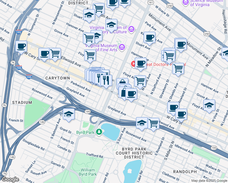 map of restaurants, bars, coffee shops, grocery stores, and more near 111 Virginia 161 in Richmond