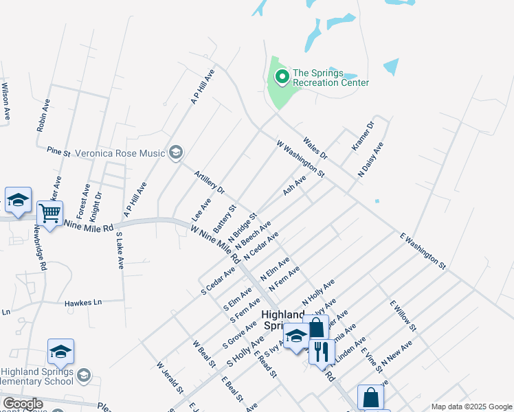 map of restaurants, bars, coffee shops, grocery stores, and more near 104 North Bridge Street in Highland Springs