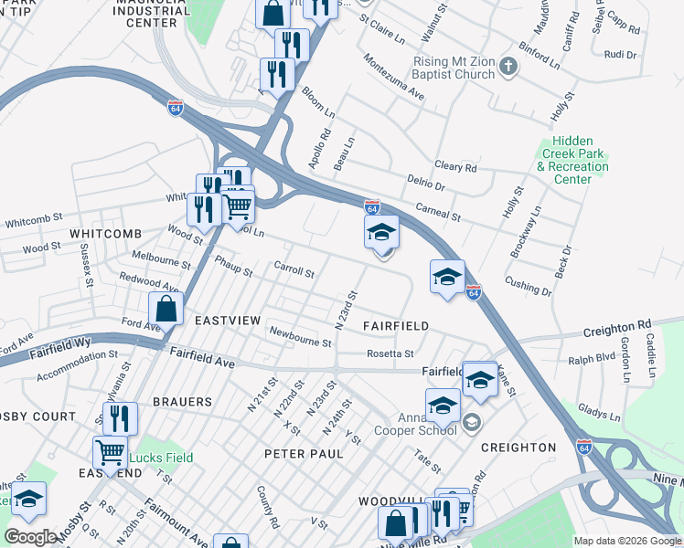 map of restaurants, bars, coffee shops, grocery stores, and more near 2153 Cool Lane in Richmond