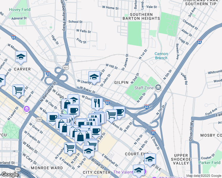 map of restaurants, bars, coffee shops, grocery stores, and more near 2 East Charity Street in Richmond