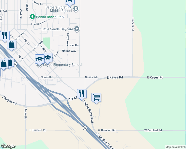 map of restaurants, bars, coffee shops, grocery stores, and more near 5061 Nunes Road in Turlock