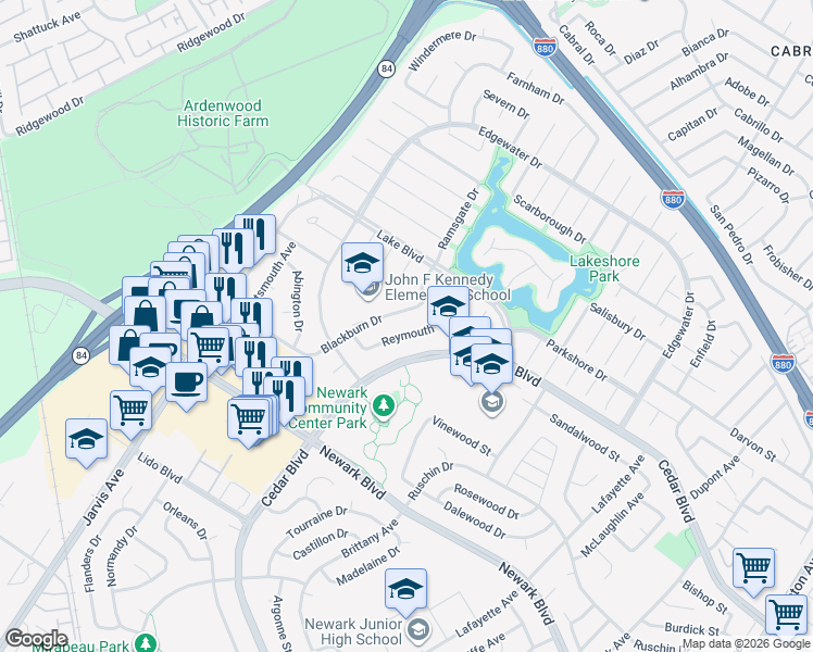 map of restaurants, bars, coffee shops, grocery stores, and more near 35524 Reymouth Drive in Newark