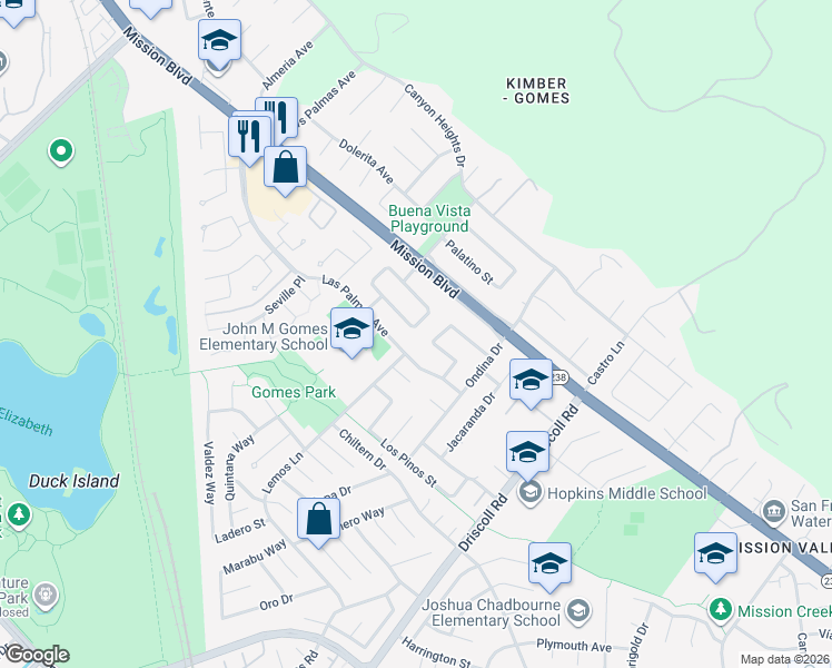 map of restaurants, bars, coffee shops, grocery stores, and more near 294 Rosado Road in Fremont