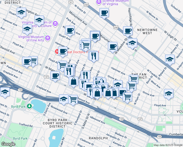 map of restaurants, bars, coffee shops, grocery stores, and more near 113 North Shields Avenue in Richmond