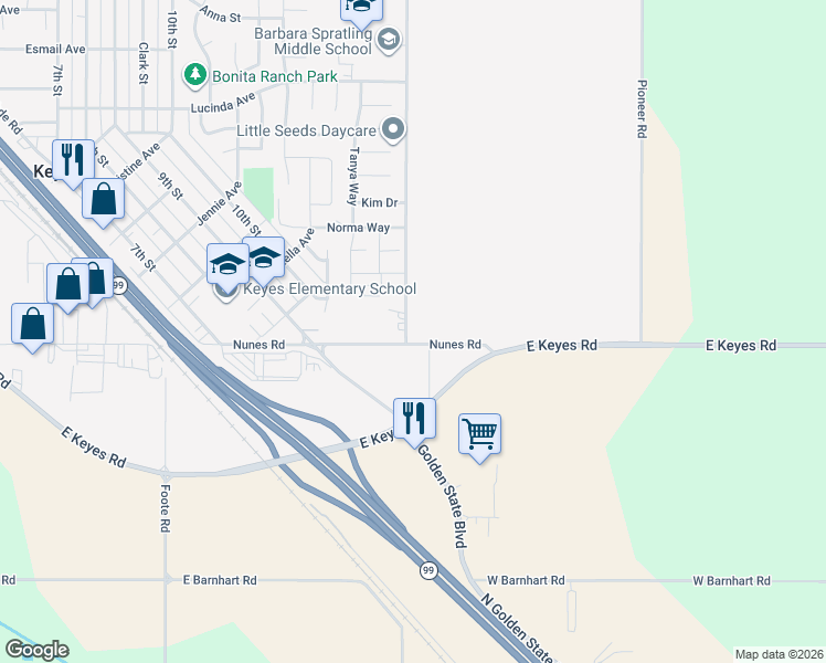 map of restaurants, bars, coffee shops, grocery stores, and more near 5980 Washington Road in Hughson