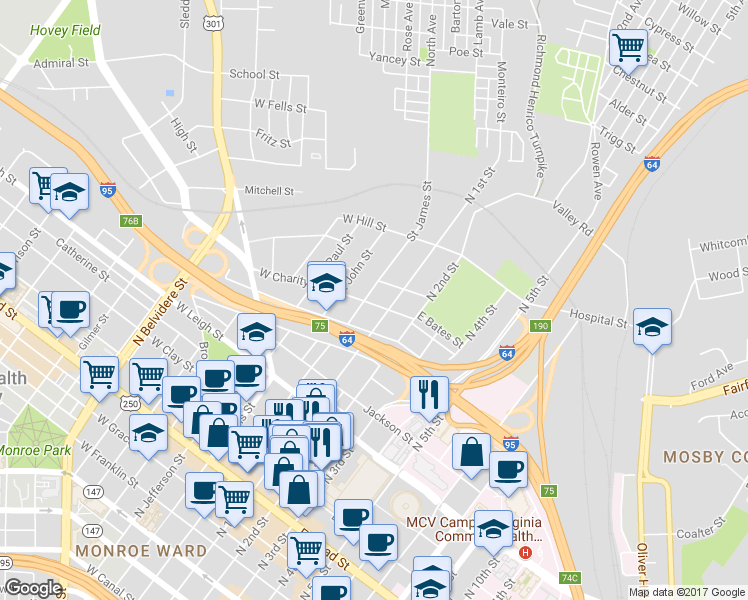 map of restaurants, bars, coffee shops, grocery stores, and more near 2 East Charity Street in Richmond
