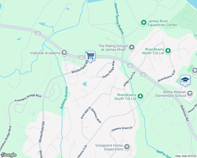 map of restaurants, bars, coffee shops, grocery stores, and more near 3519 Derby Ridge Way in Midlothian