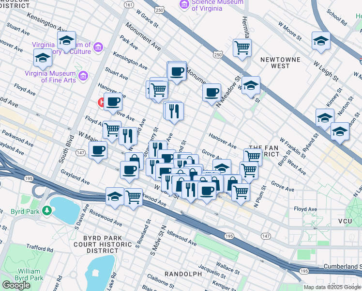 map of restaurants, bars, coffee shops, grocery stores, and more near 2101 Grove Avenue in Richmond