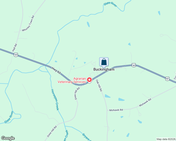 map of restaurants, bars, coffee shops, grocery stores, and more near 12977 West James Anderson Highway in Buckingham