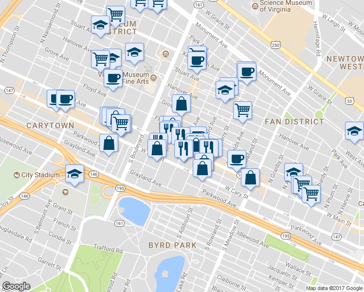 map of restaurants, bars, coffee shops, grocery stores, and more near 4 North Davis Avenue in Richmond