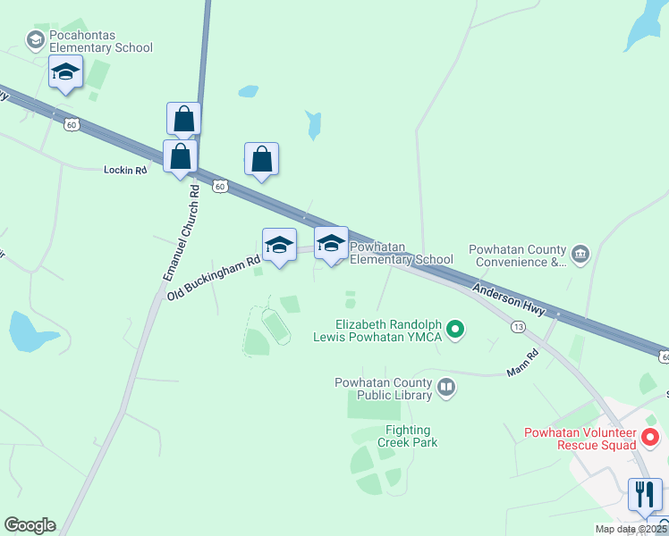 map of restaurants, bars, coffee shops, grocery stores, and more near Old Buckingham Road in Powhatan