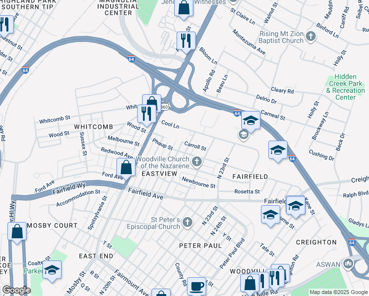 map of restaurants, bars, coffee shops, grocery stores, and more near 2104 North 20th Street in Richmond