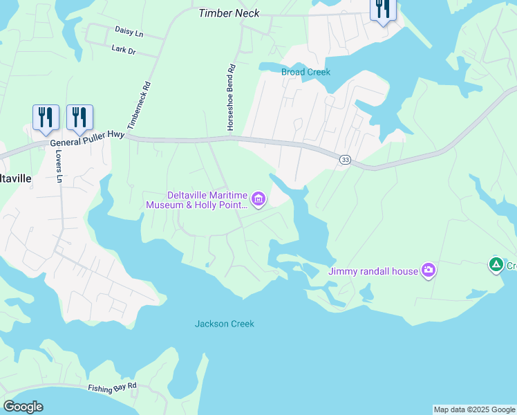 map of restaurants, bars, coffee shops, grocery stores, and more near 287 Jackson Creek Road in Deltaville