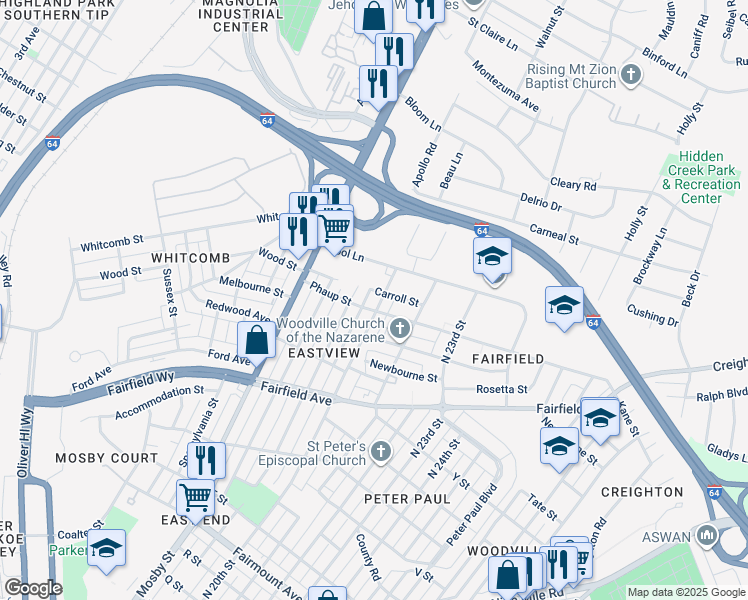 map of restaurants, bars, coffee shops, grocery stores, and more near 2104 North 20th Street in Richmond