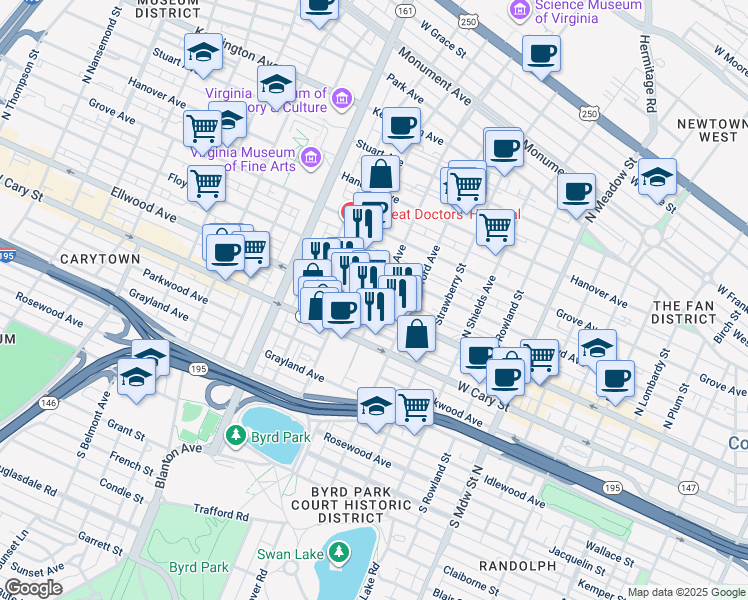 map of restaurants, bars, coffee shops, grocery stores, and more near 6 North Davis Avenue in Richmond