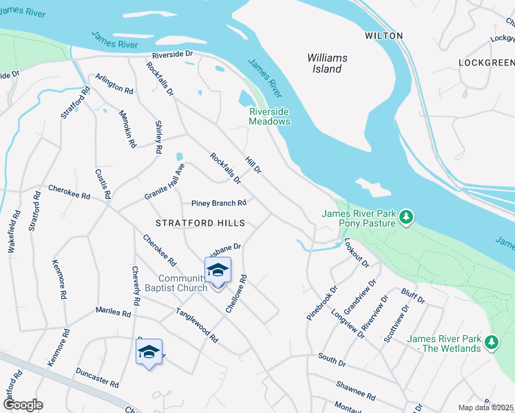 map of restaurants, bars, coffee shops, grocery stores, and more near 7521 Rockfalls Drive in Richmond