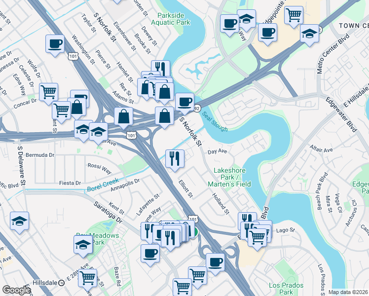 map of restaurants, bars, coffee shops, grocery stores, and more near 2 Waters Park Drive in San Mateo