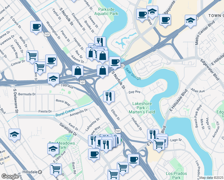 map of restaurants, bars, coffee shops, grocery stores, and more near 3 Waters Park Drive in San Mateo