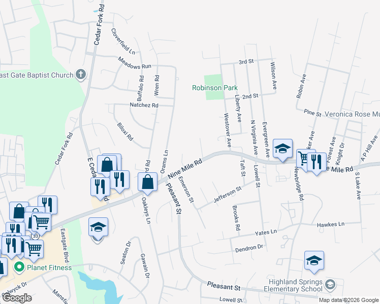 map of restaurants, bars, coffee shops, grocery stores, and more near 5500 Virginia 33 in Richmond