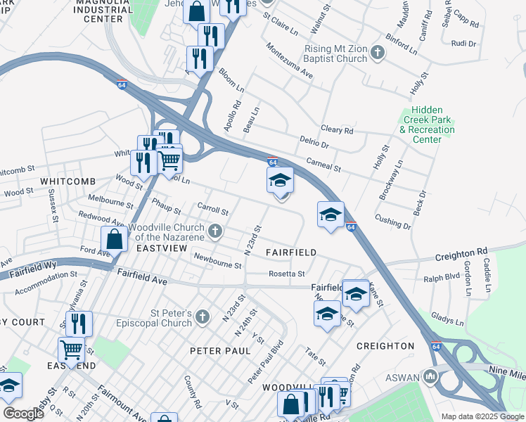 map of restaurants, bars, coffee shops, grocery stores, and more near 2467 North 23rd Street in Richmond