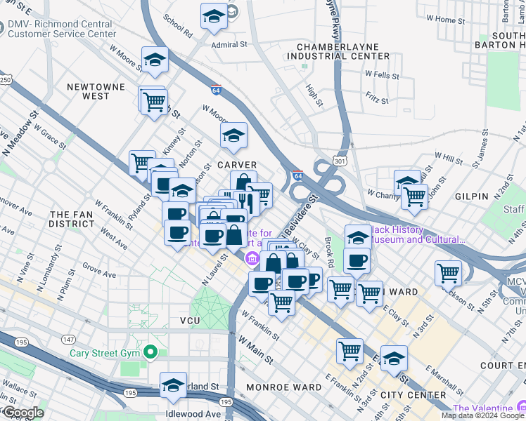 map of restaurants, bars, coffee shops, grocery stores, and more near 711 West Clay Street in Richmond