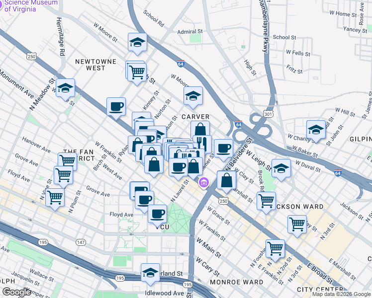 map of restaurants, bars, coffee shops, grocery stores, and more near 909 West Marshall Street in Richmond