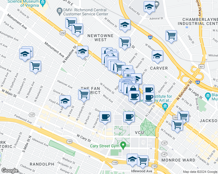 map of restaurants, bars, coffee shops, grocery stores, and more near 1121 West Franklin Street in Richmond