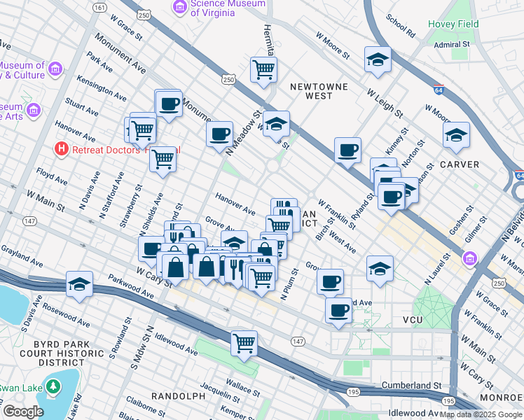map of restaurants, bars, coffee shops, grocery stores, and more near 203 North Allen Avenue in Richmond