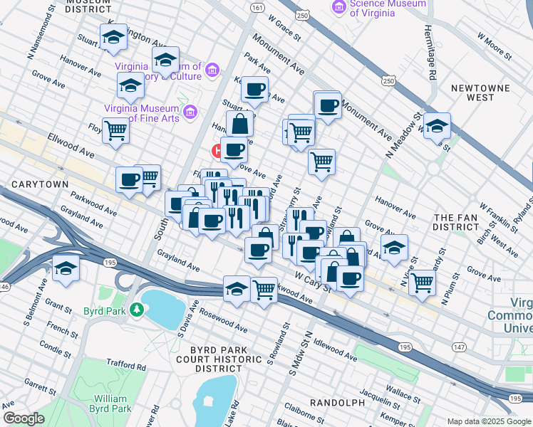 map of restaurants, bars, coffee shops, grocery stores, and more near 1 North Stafford Avenue in Richmond