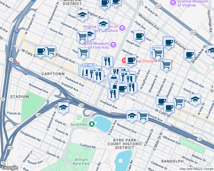 map of restaurants, bars, coffee shops, grocery stores, and more near 2629 West Cary Street in Richmond