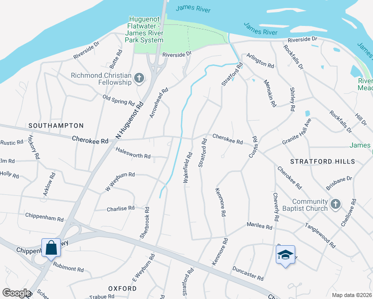 map of restaurants, bars, coffee shops, grocery stores, and more near 4020 Wakefield Road in Richmond