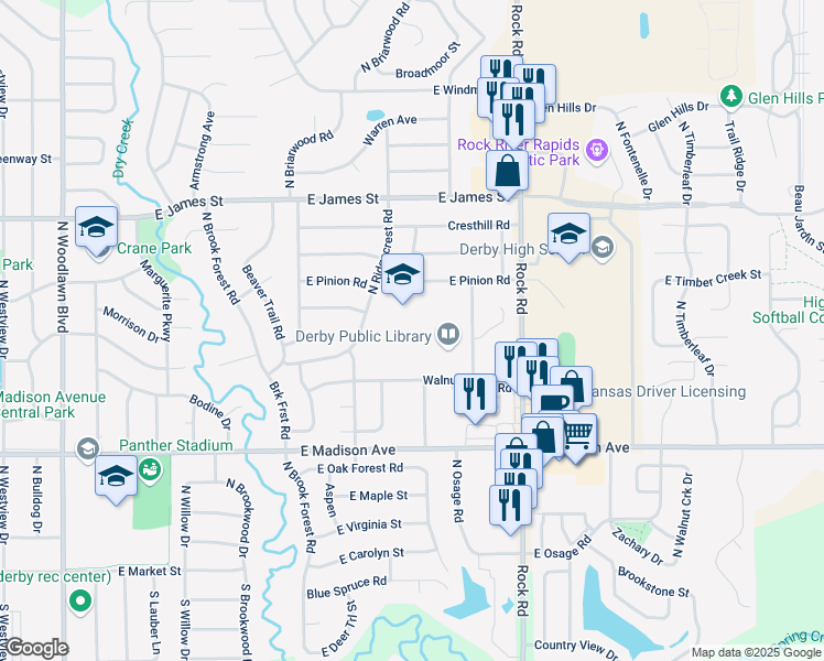 map of restaurants, bars, coffee shops, grocery stores, and more near 830 North Ridgecrest Road in Derby