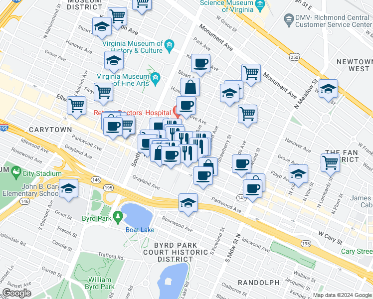 map of restaurants, bars, coffee shops, grocery stores, and more near 6 North Davis Avenue in Richmond