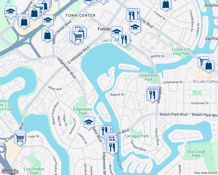 map of restaurants, bars, coffee shops, grocery stores, and more near 800 Balboa Lane in Foster City