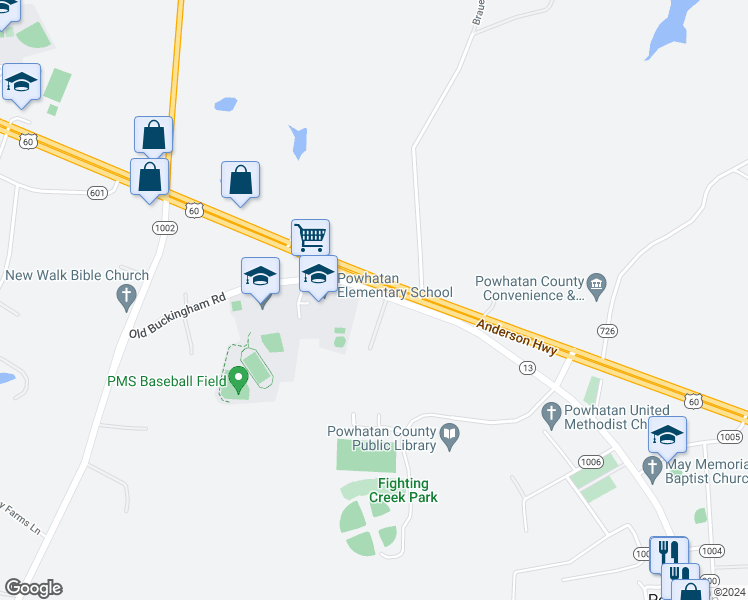 map of restaurants, bars, coffee shops, grocery stores, and more near 4030 Old Buckingham Road in Powhatan