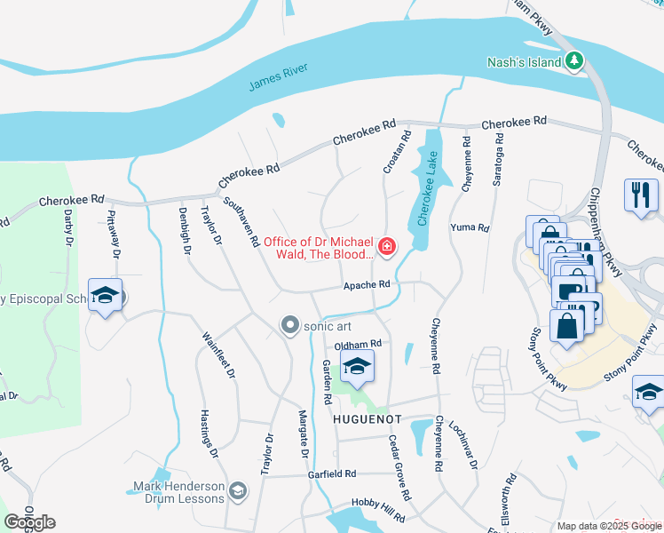 map of restaurants, bars, coffee shops, grocery stores, and more near 10201 Sioux Road in Richmond