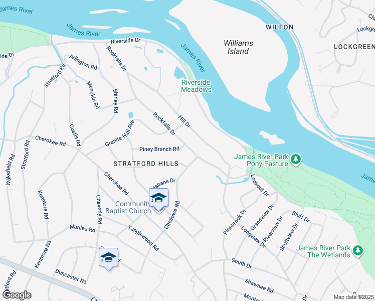 map of restaurants, bars, coffee shops, grocery stores, and more near 7521 Rockfalls Drive in Richmond