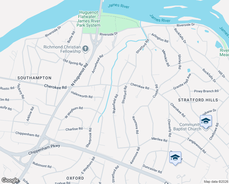 map of restaurants, bars, coffee shops, grocery stores, and more near 4020 Wakefield Road in Richmond
