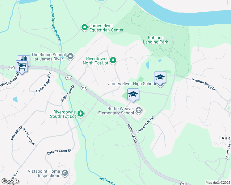 map of restaurants, bars, coffee shops, grocery stores, and more near 13912 Riverdowns North Court in Midlothian