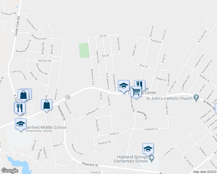 map of restaurants, bars, coffee shops, grocery stores, and more near 0 North Virginia Avenue in Richmond