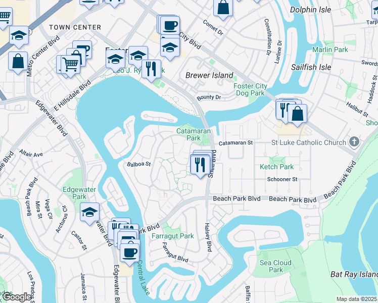 map of restaurants, bars, coffee shops, grocery stores, and more near 822 Magellan Lane in Foster City