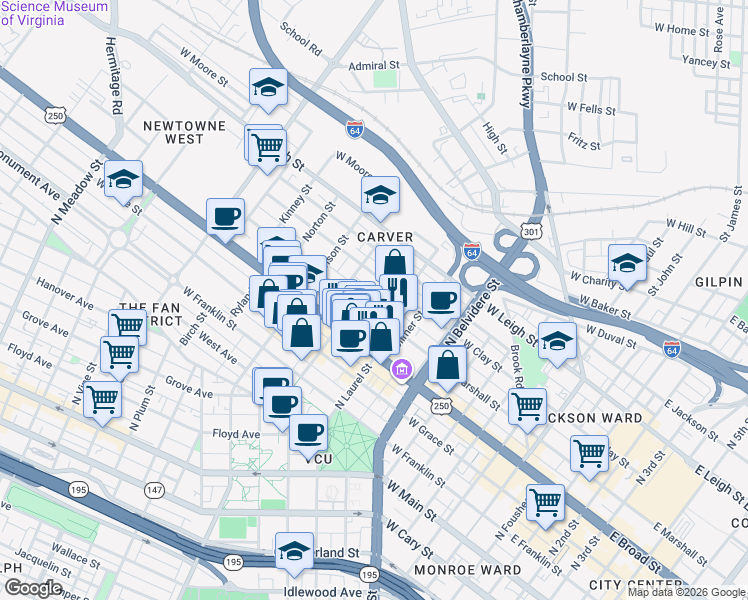 map of restaurants, bars, coffee shops, grocery stores, and more near 900 West Marshall Street in Richmond