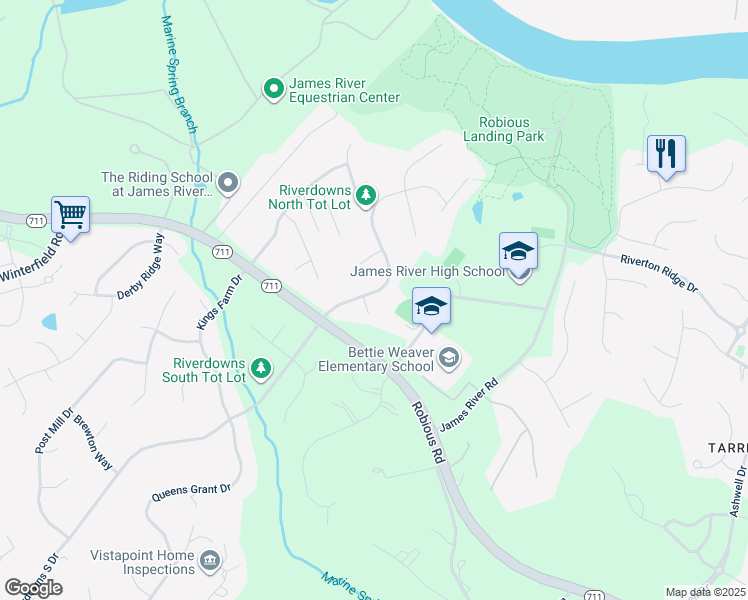 map of restaurants, bars, coffee shops, grocery stores, and more near 13912 Riverdowns North Court in Midlothian