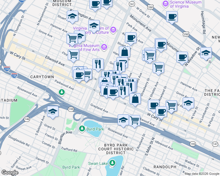 map of restaurants, bars, coffee shops, grocery stores, and more near 2610 West Main Street in Richmond