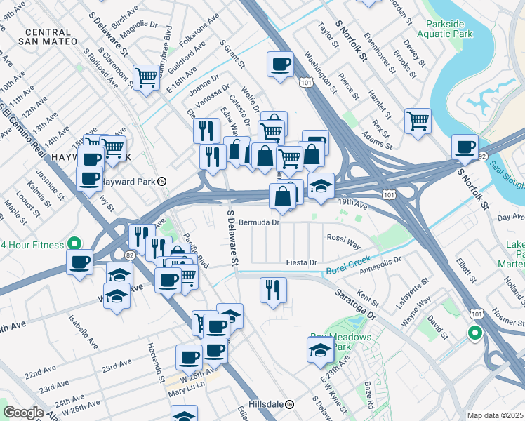 map of restaurants, bars, coffee shops, grocery stores, and more near 480 19th Avenue in San Mateo