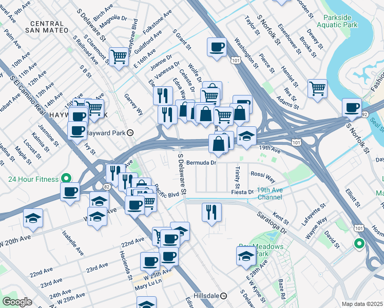map of restaurants, bars, coffee shops, grocery stores, and more near 470 19th Avenue in San Mateo