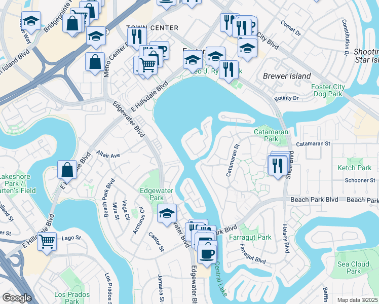 map of restaurants, bars, coffee shops, grocery stores, and more near 650 Portofino Lane in Foster City